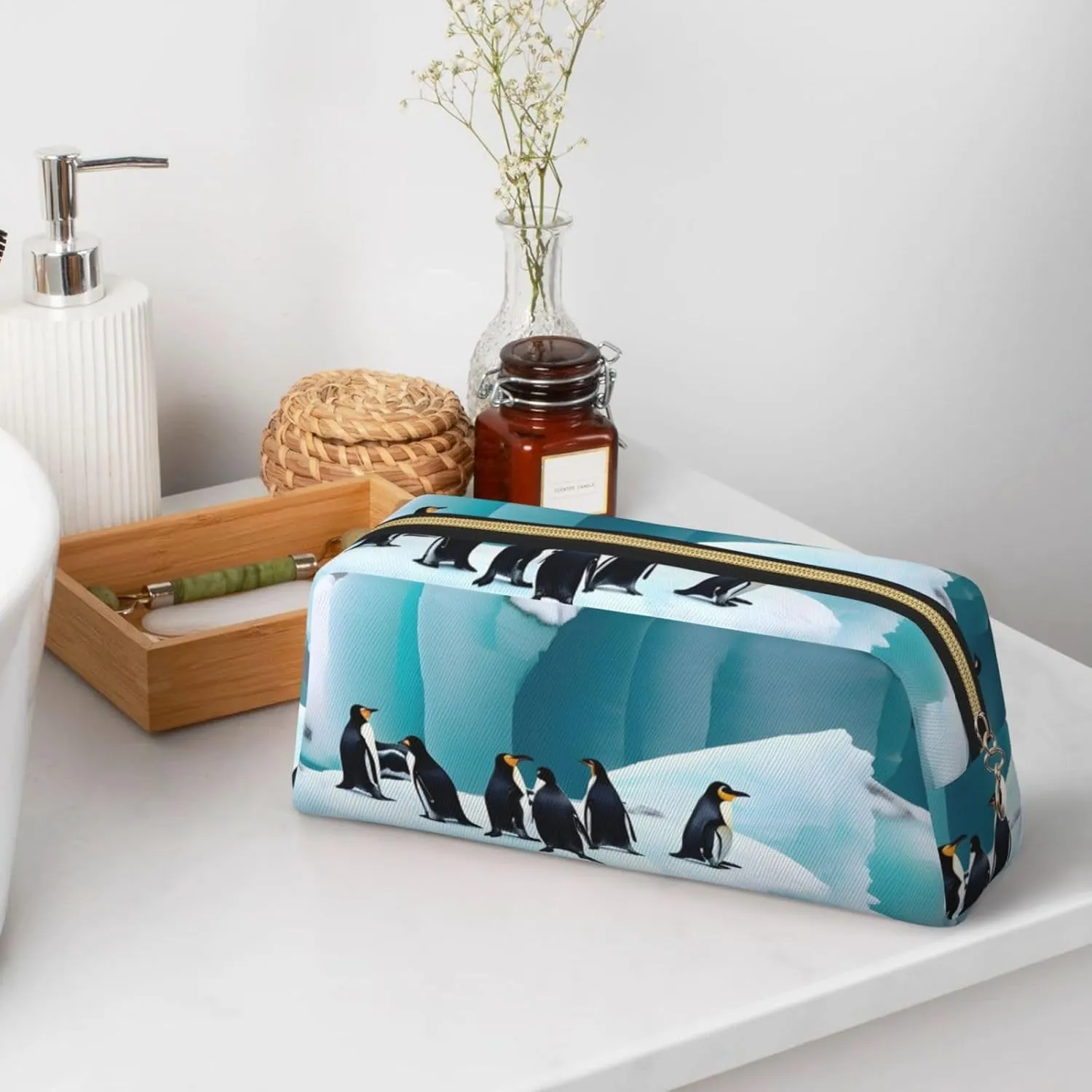Penguins On The Iceberg Print Large Capacity Pencil Case,Pencil Pouch With Zipper, Durable Leather Pen Bag For Office, Travel
