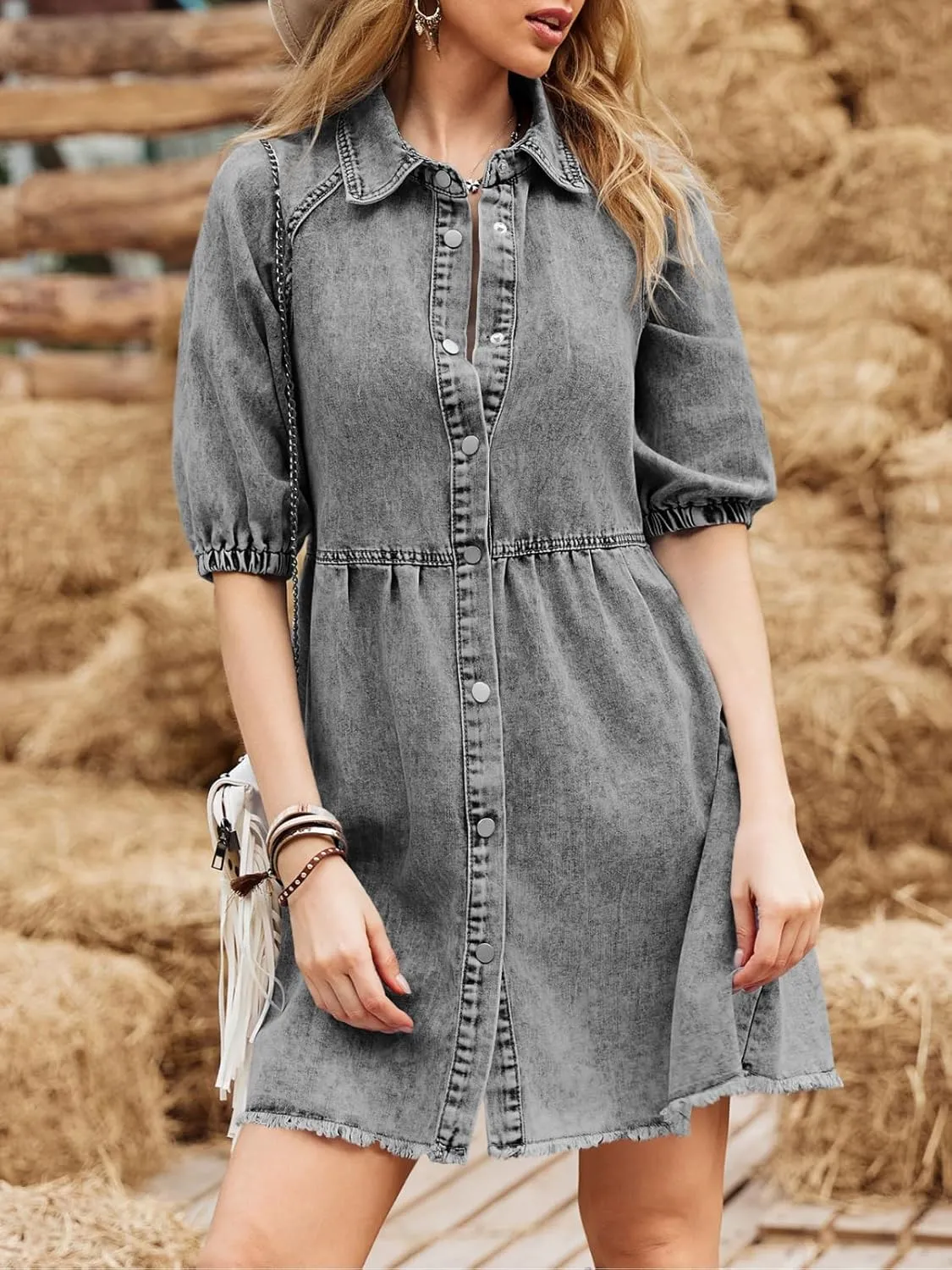 Pepochic Womens Summer Denim Dress Button Down Short Sleeve Babydoll Dress Puff Sleeve Flowy Jean Dress