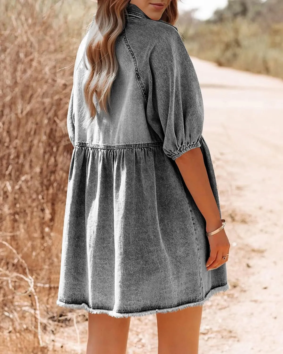 Pepochic Womens Summer Denim Dress Button Down Short Sleeve Babydoll Dress Puff Sleeve Flowy Jean Dress
