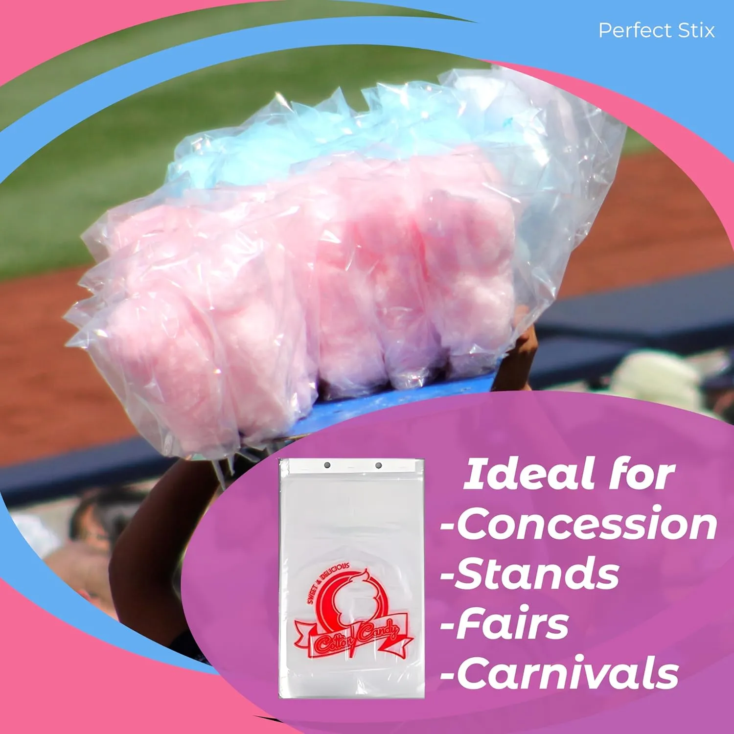 Perfect Stix Concession Essentials CE Cotton Candy Bags-200 Cotton Candy Bags with Ties, 0.5" Height, 18" Width, 12" Length (Pack of 200)