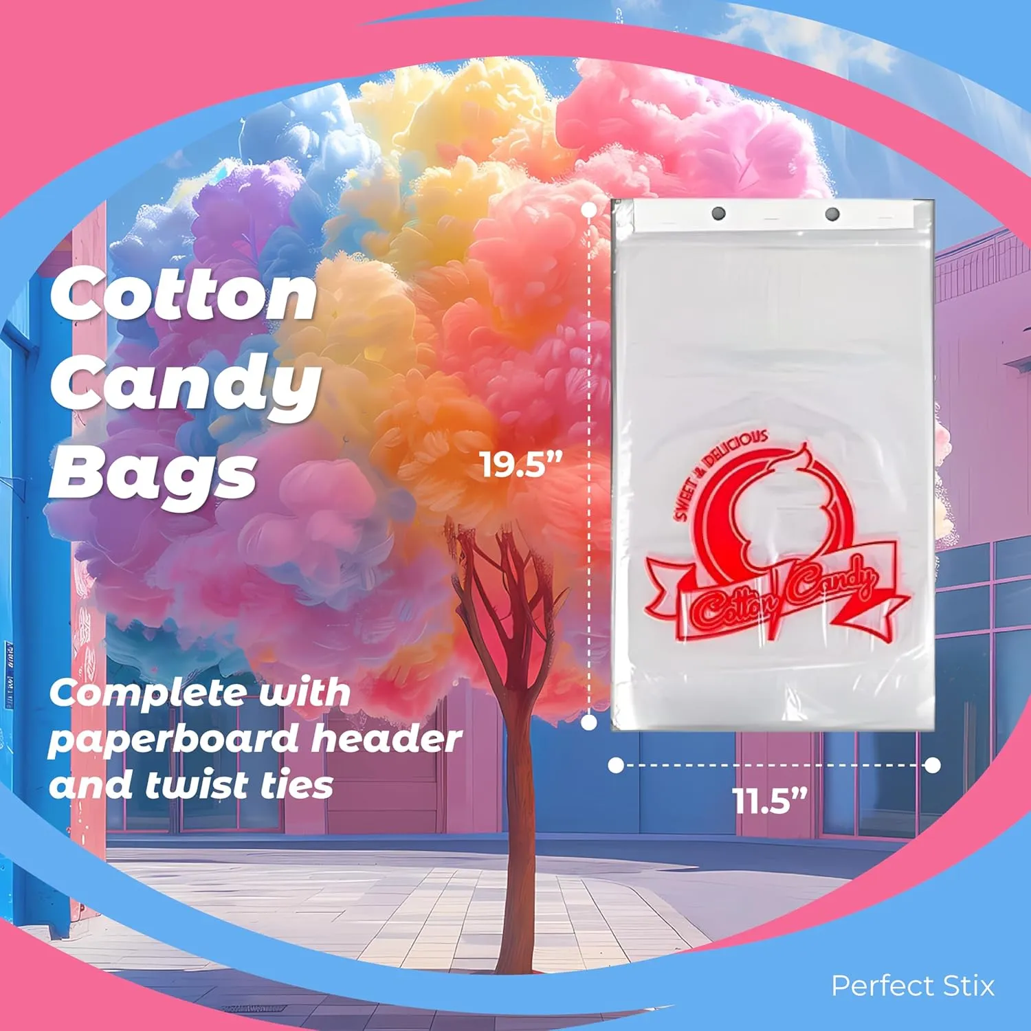Perfect Stix Concession Essentials CE Cotton Candy Bags-200 Cotton Candy Bags with Ties, 0.5" Height, 18" Width, 12" Length (Pack of 200)