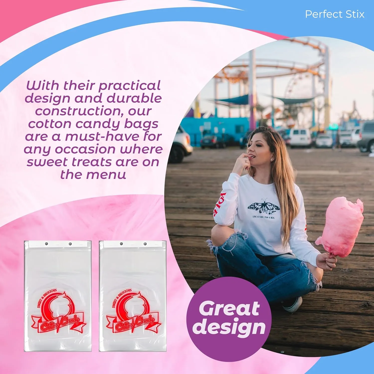 Perfect Stix Concession Essentials CE Cotton Candy Bags-200 Cotton Candy Bags with Ties, 0.5" Height, 18" Width, 12" Length (Pack of 200)