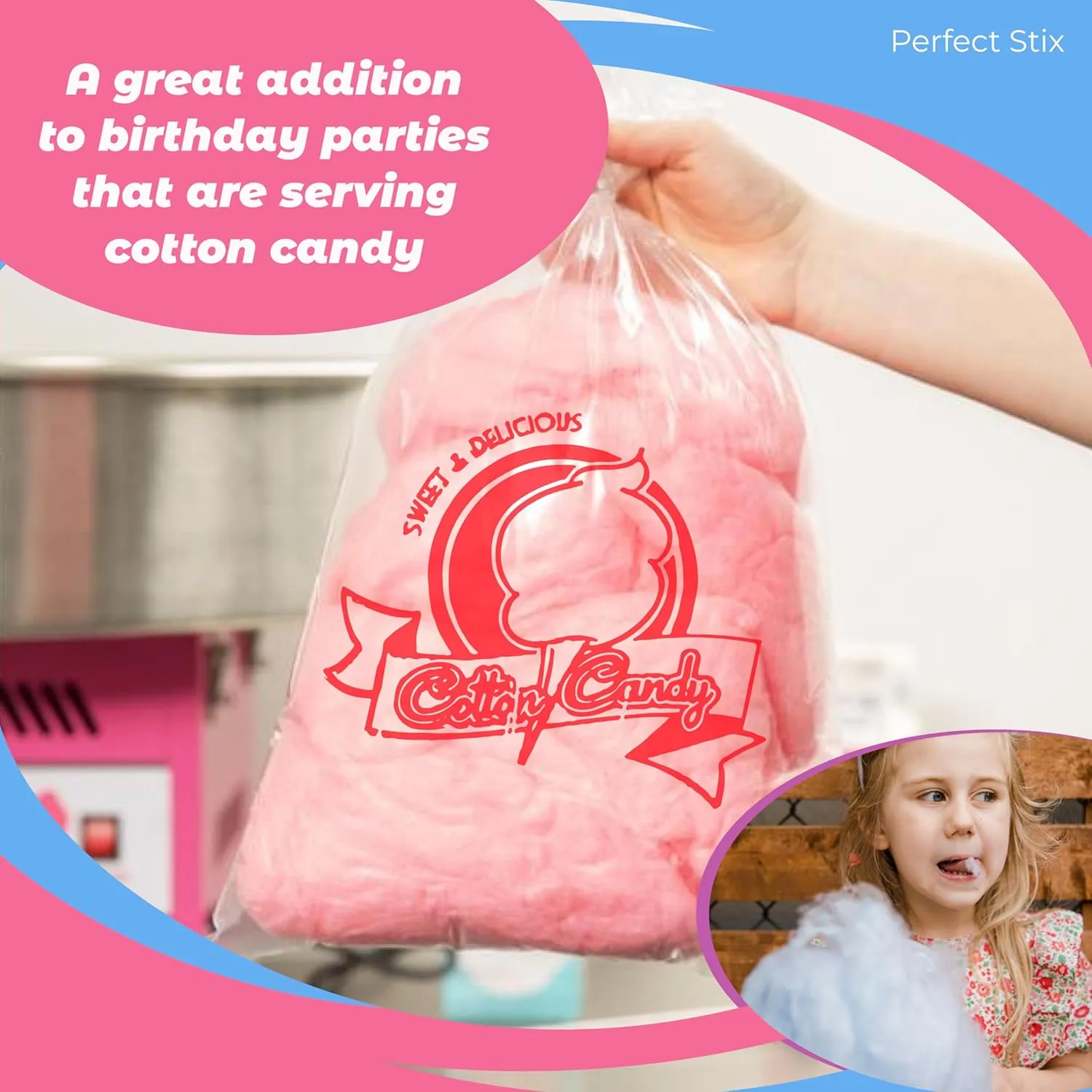 Perfect Stix Concession Essentials CE Cotton Candy Bags-200 Cotton Candy Bags with Ties, 0.5" Height, 18" Width, 12" Length (Pack of 200)