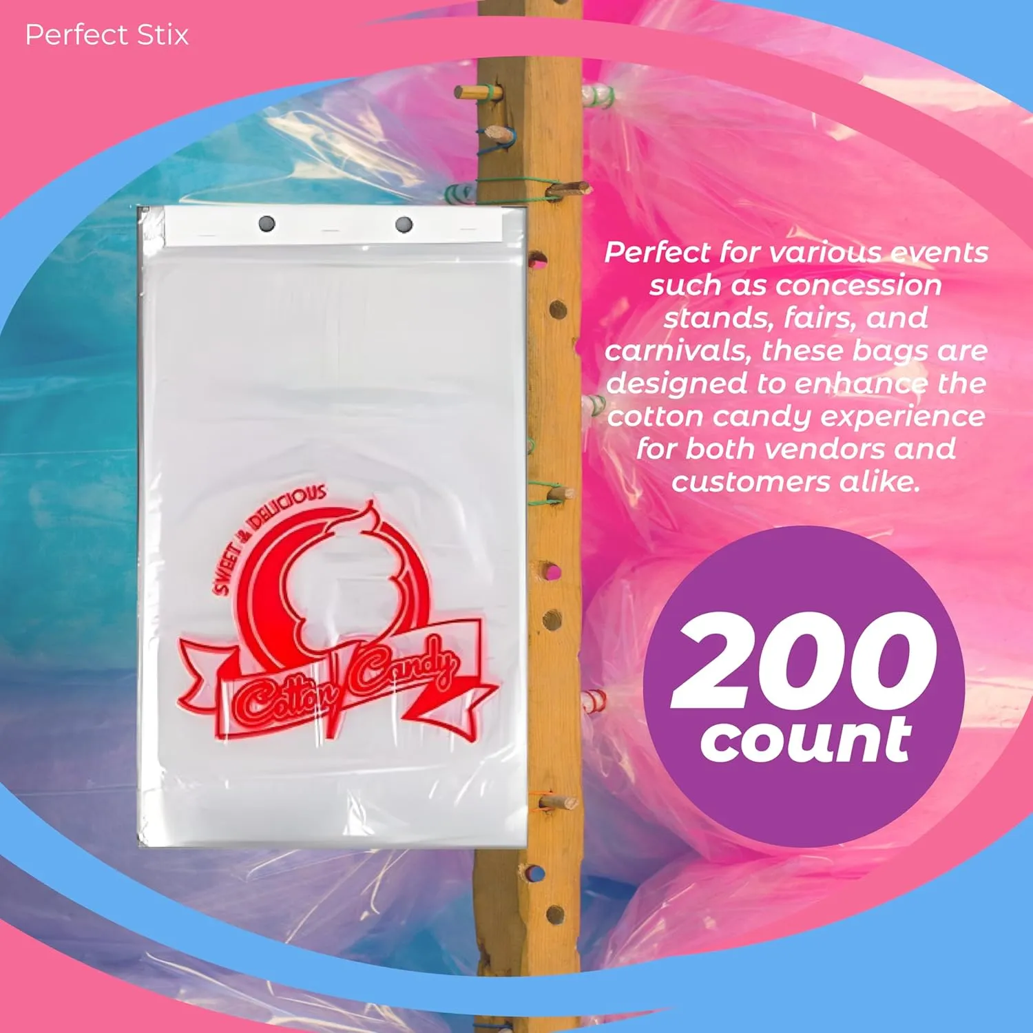 Perfect Stix Concession Essentials CE Cotton Candy Bags-200 Cotton Candy Bags with Ties, 0.5" Height, 18" Width, 12" Length (Pack of 200)