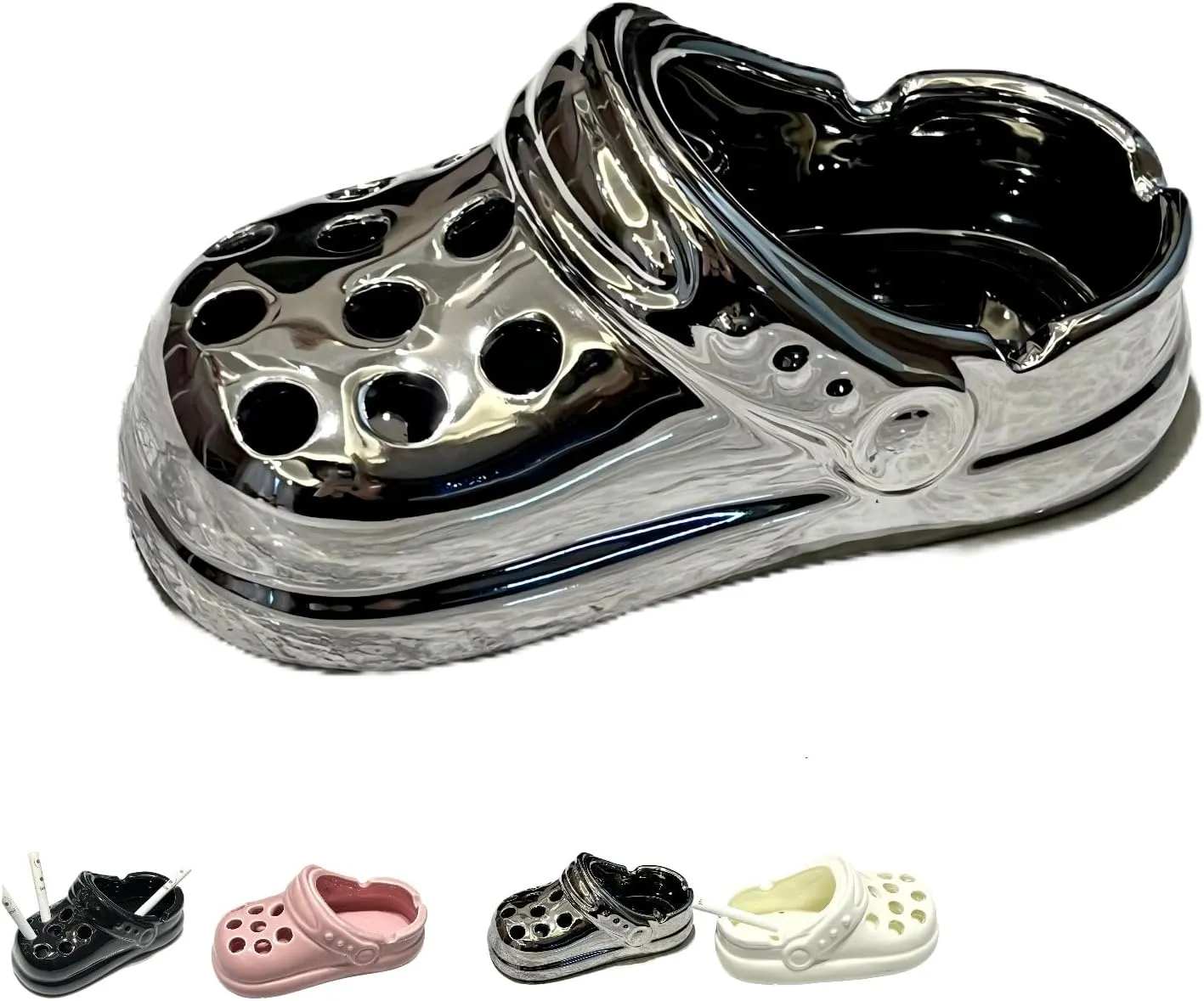 Perforated Shoe Design Ceramic Ashtray - Multifunctional Anti-Fly Home & Office Decor, Unique Gift for Smokers, Men & Women (Silver)