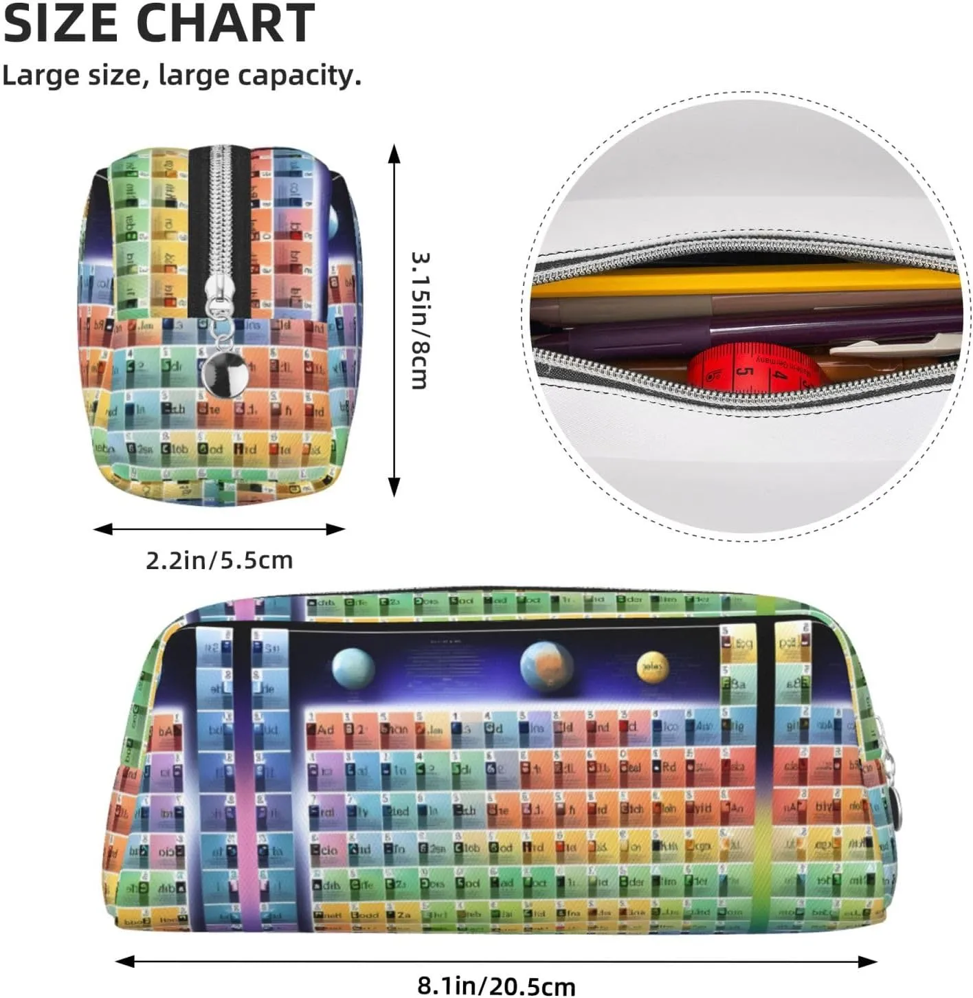 Periodic Table Of Elements Print Large Capacity Pencil Case,Pencil Pouch With Zipper, Durable Leather Pen Bag For Office, Travel
