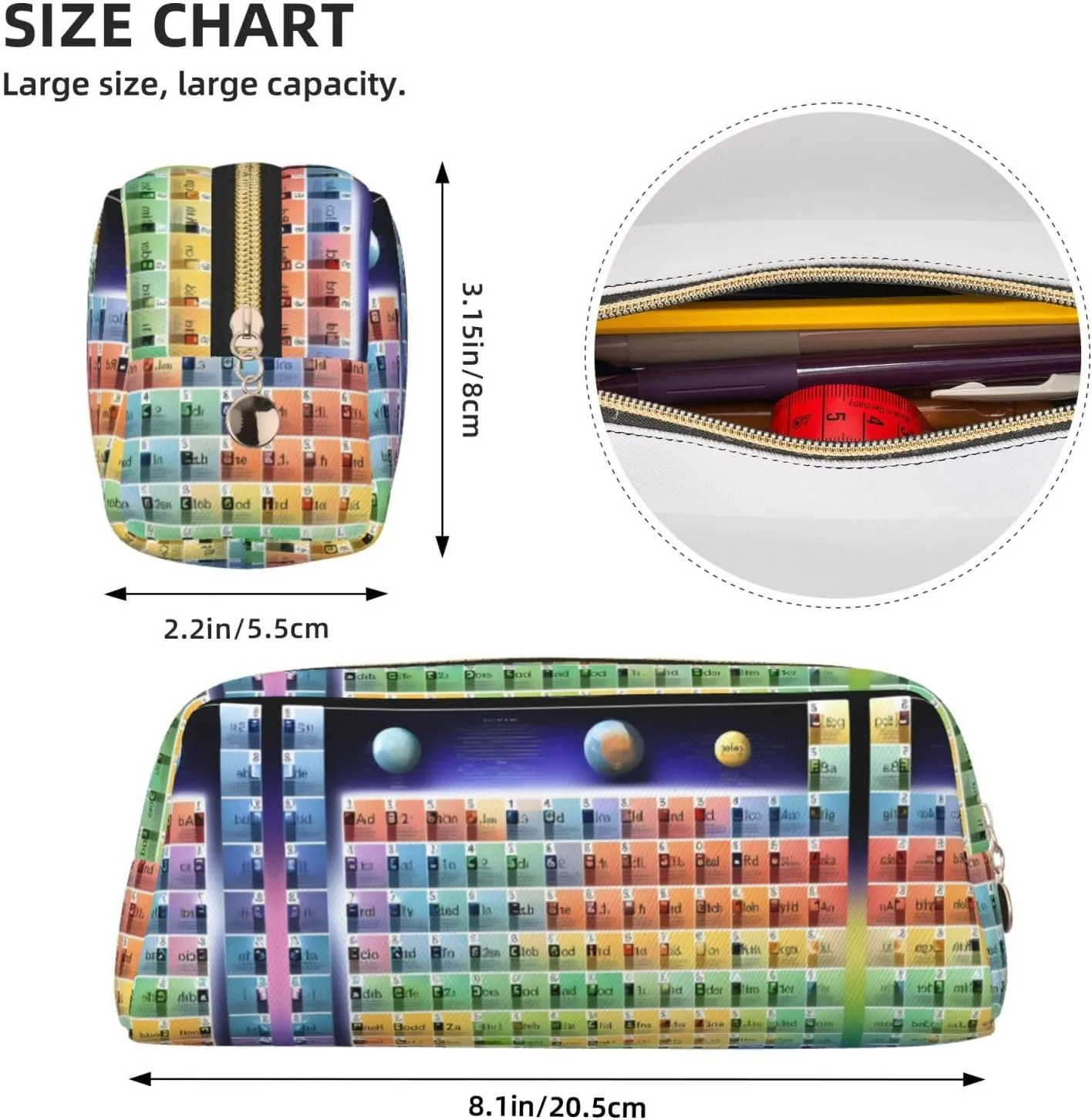 Periodic Table Of Elements Print Large Capacity Pencil Case,Pencil Pouch With Zipper, Durable Leather Pen Bag For Office, Travel