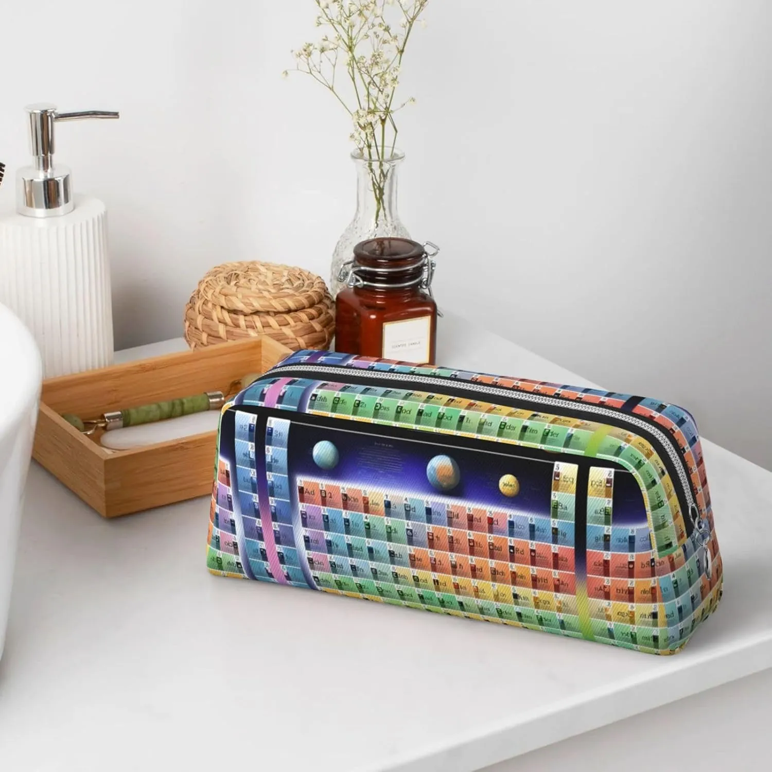 Periodic Table Of Elements Print Large Capacity Pencil Case,Pencil Pouch With Zipper, Durable Leather Pen Bag For Office, Travel
