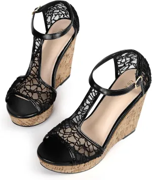 Perphy Lace Platform Wedges Open Toe T-Strap Wedge Heels Sandals for Women