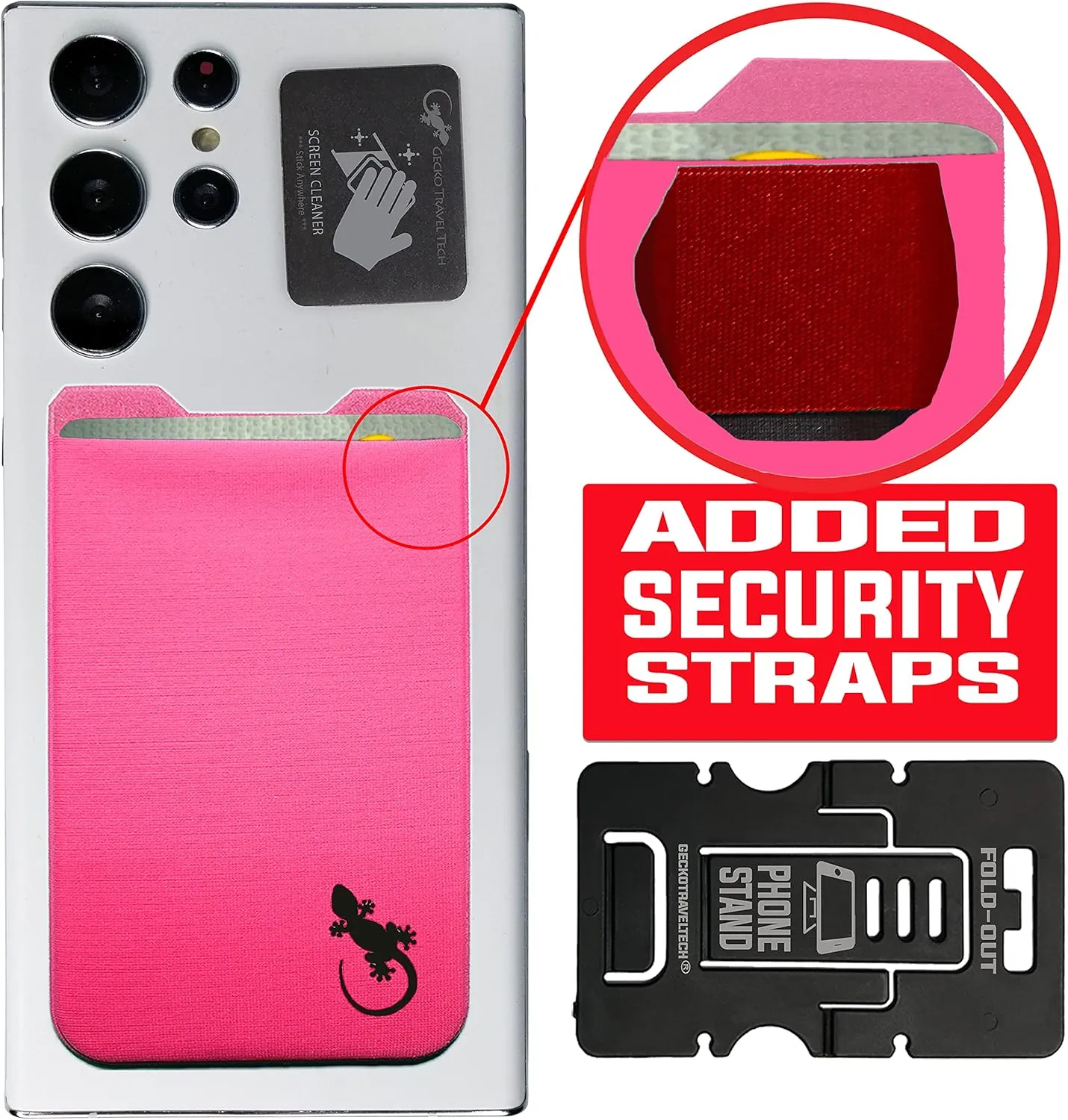 Phone Wallet - Adhesive Card Holder - Cell Phone Pouch - Stick on Lycra Pocket by Gecko - Carry Credit Cards and Cash