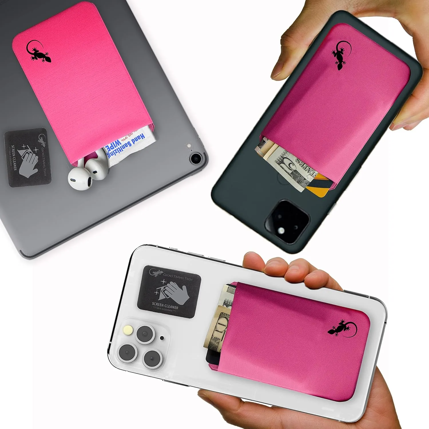 Phone Wallet - Adhesive Card Holder - Cell Phone Pouch - Stick on Lycra Pocket by Gecko - Carry Credit Cards and Cash