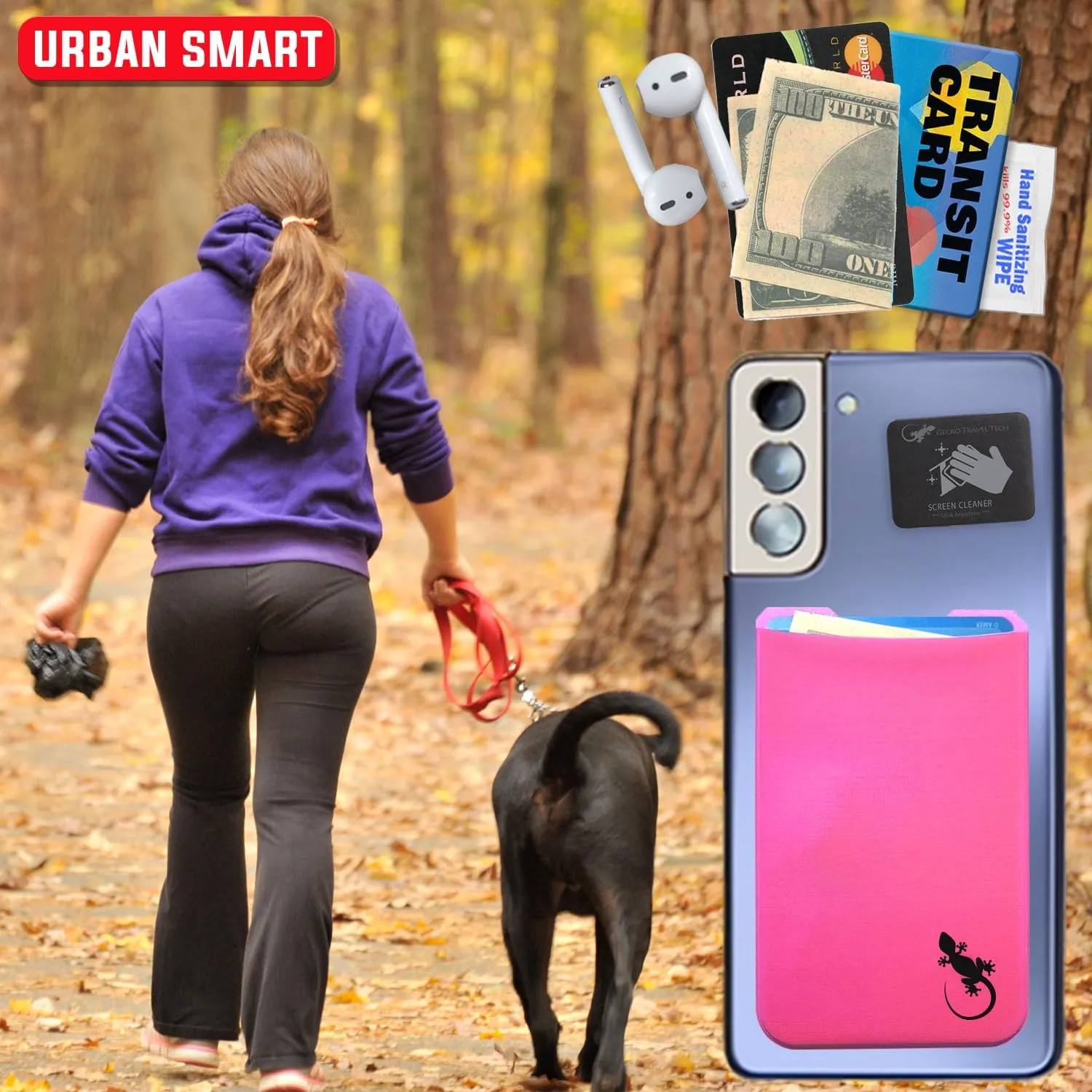 Phone Wallet - Adhesive Card Holder - Cell Phone Pouch - Stick on Lycra Pocket by Gecko - Carry Credit Cards and Cash