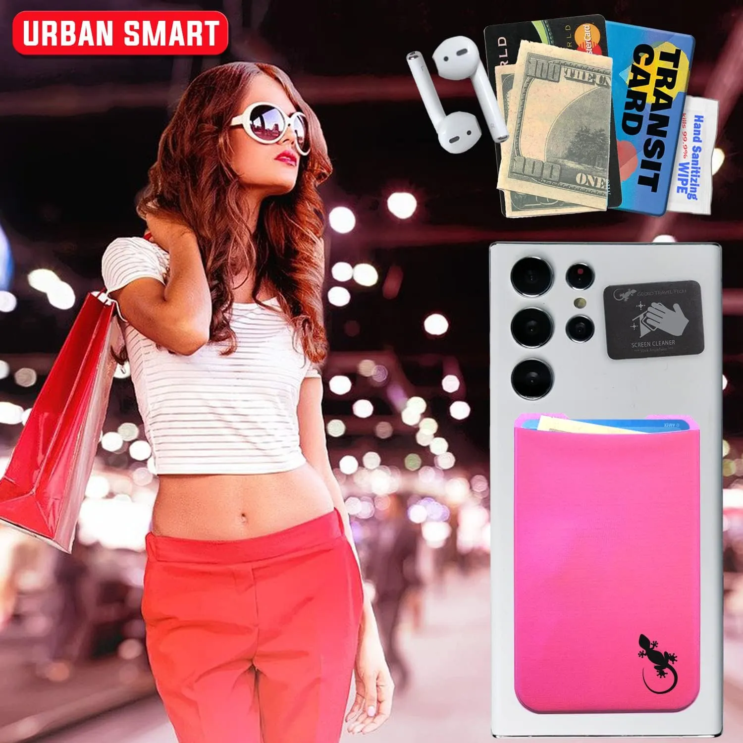 Phone Wallet - Adhesive Card Holder - Cell Phone Pouch - Stick on Lycra Pocket by Gecko - Carry Credit Cards and Cash