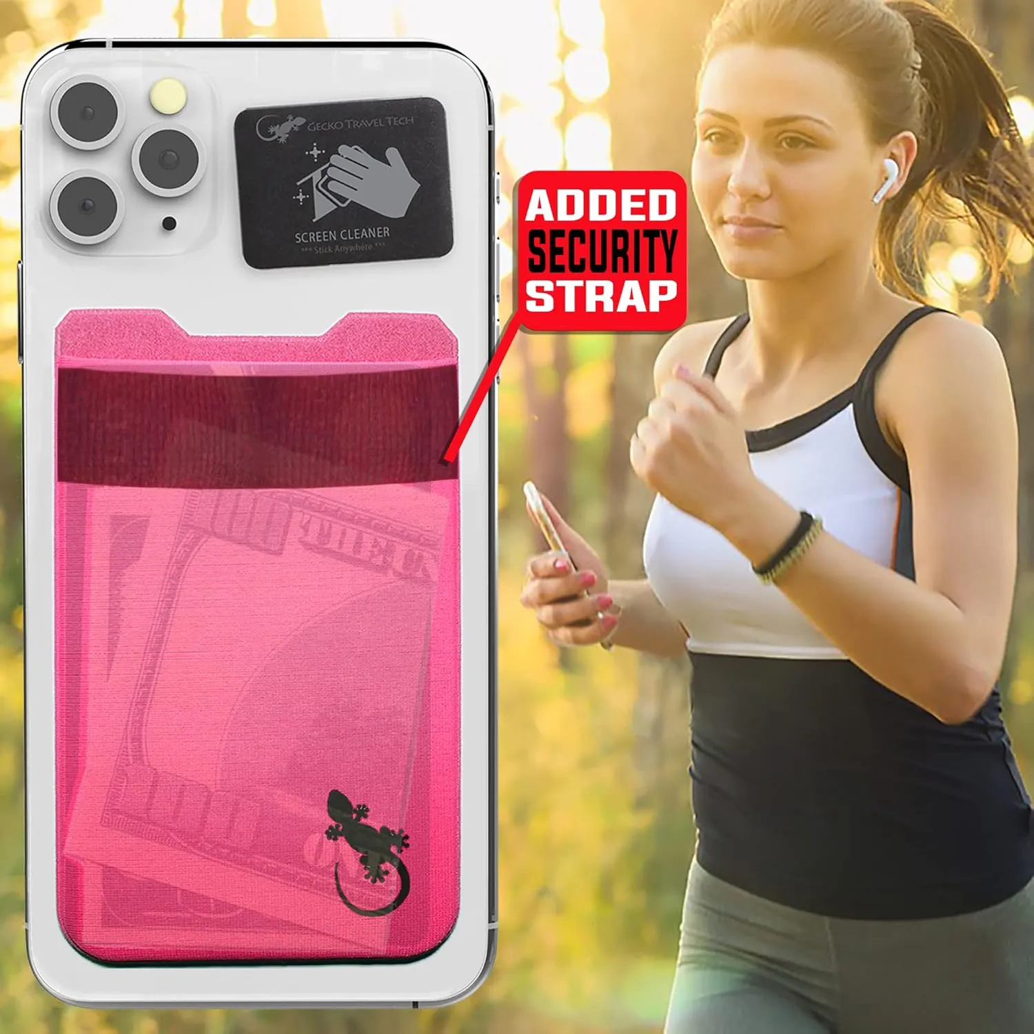 Phone Wallet - Adhesive Card Holder - Cell Phone Pouch - Stick on Lycra Pocket by Gecko - Carry Credit Cards and Cash