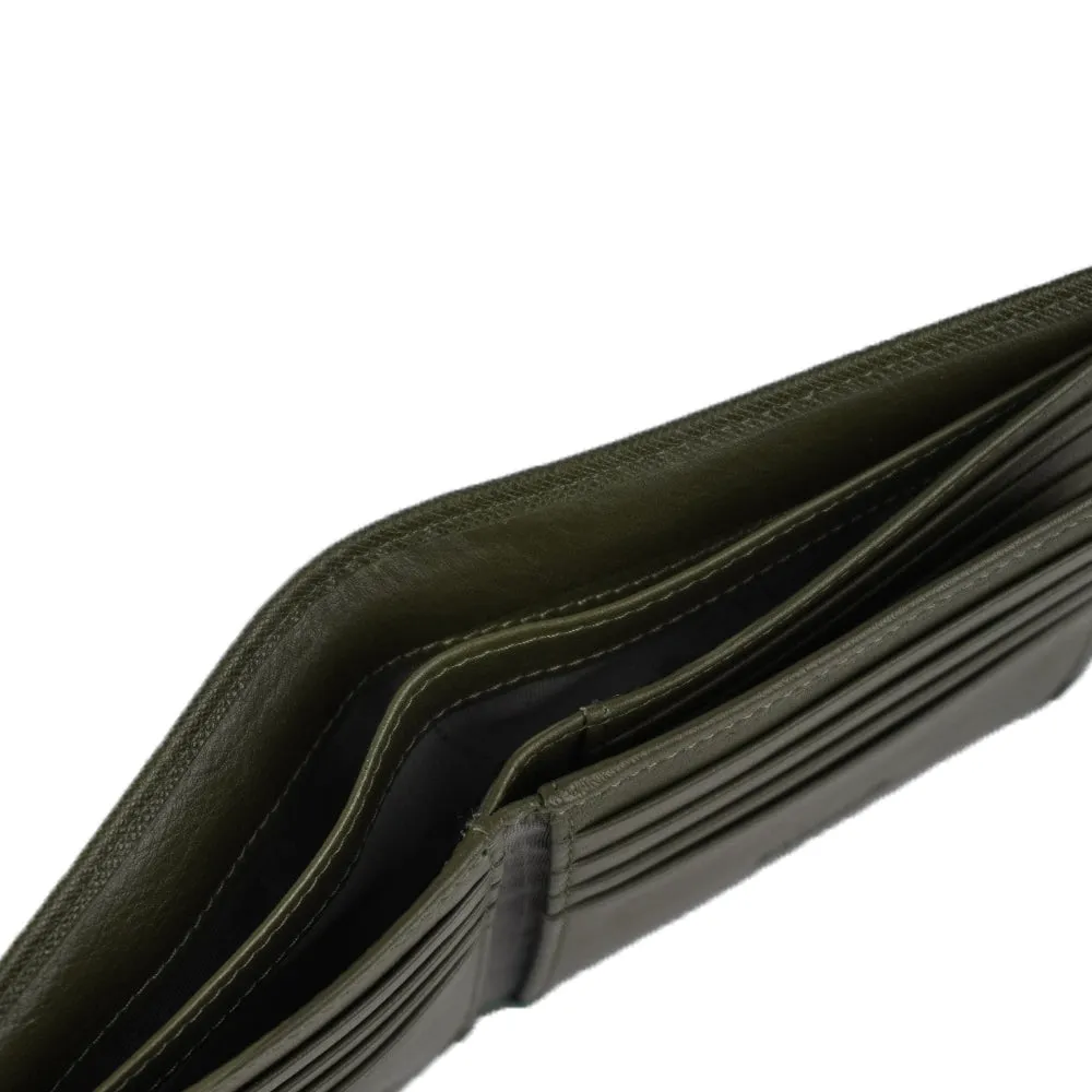 Picard Saffiano Men's Leather Bifold Wallet with Centre Flap And 14 Card Slots Including 1 ID Card Window(Military Green)