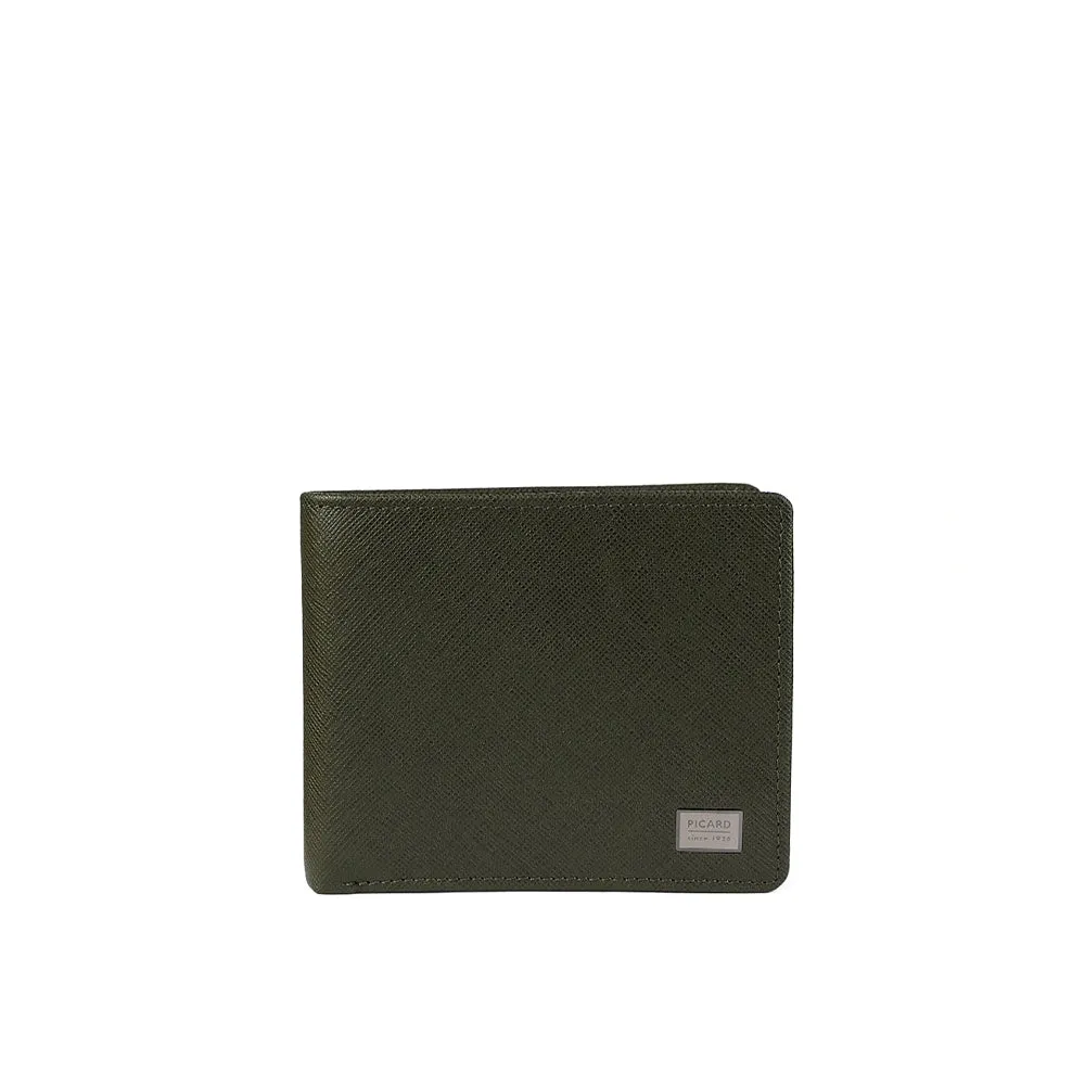 Picard Saffiano Men's Leather Bifold Wallet with Centre Flap And 14 Card Slots Including 1 ID Card Window(Military Green)