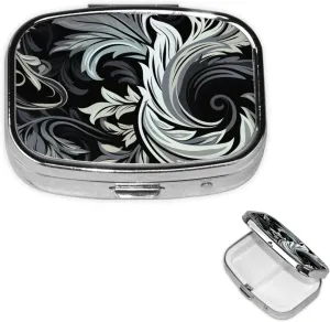 Pill Case with Mirror Retro 2 Compartment Pill Box Black and White Design Pattern Small Pill Organizer for Purse or Pocket Decorative Metal Medicine Vitamin Organizer Unique Gifts