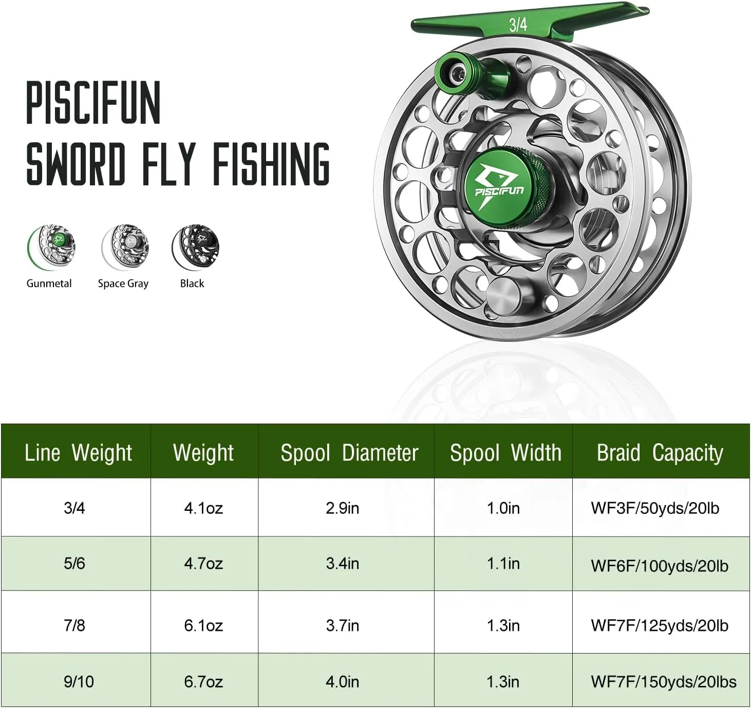 Piscifun Sword Fly Fishing Reel, CNC-Machined Aluminum Alloy Fly Reel, 3/4, 5/6, 7/8, 9/10 Weight, Black, Gunmetal, Space Gray