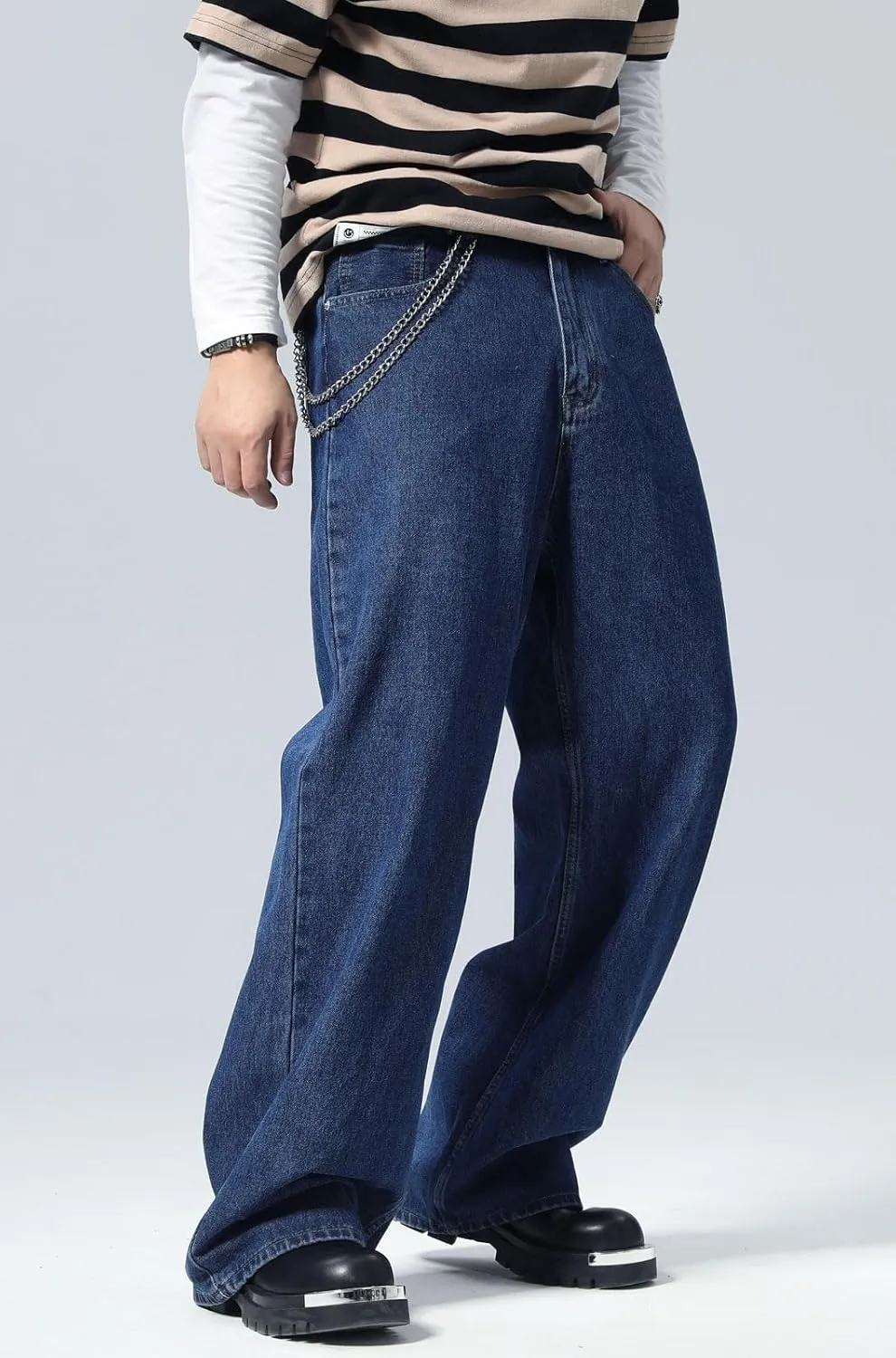 Plaid&Plain Men's Hip Hop Baggy Jeans Casual Wide Leg Y2k Skateboard Vintage Denim Pants Streetwear