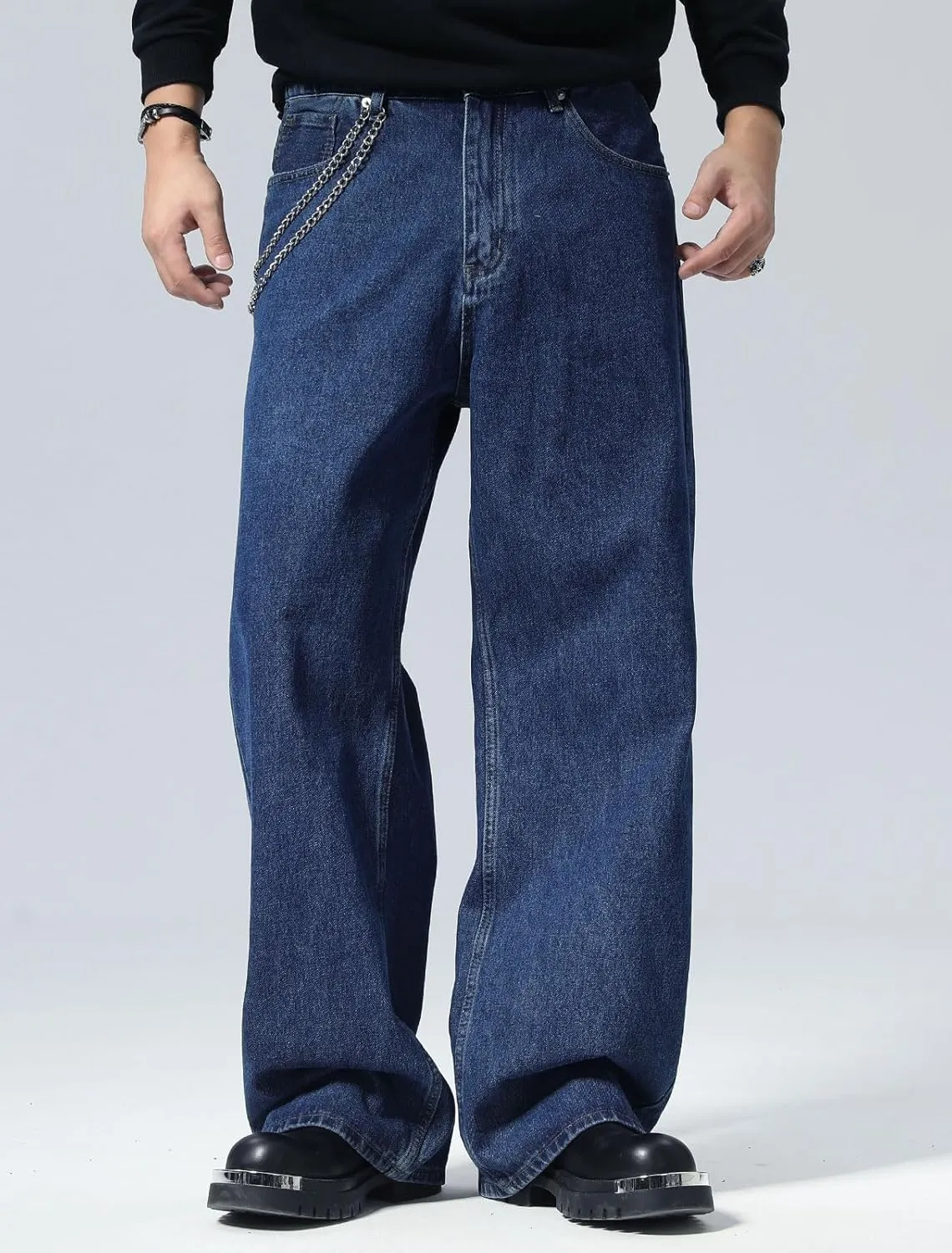 Plaid&Plain Men's Hip Hop Baggy Jeans Casual Wide Leg Y2k Skateboard Vintage Denim Pants Streetwear