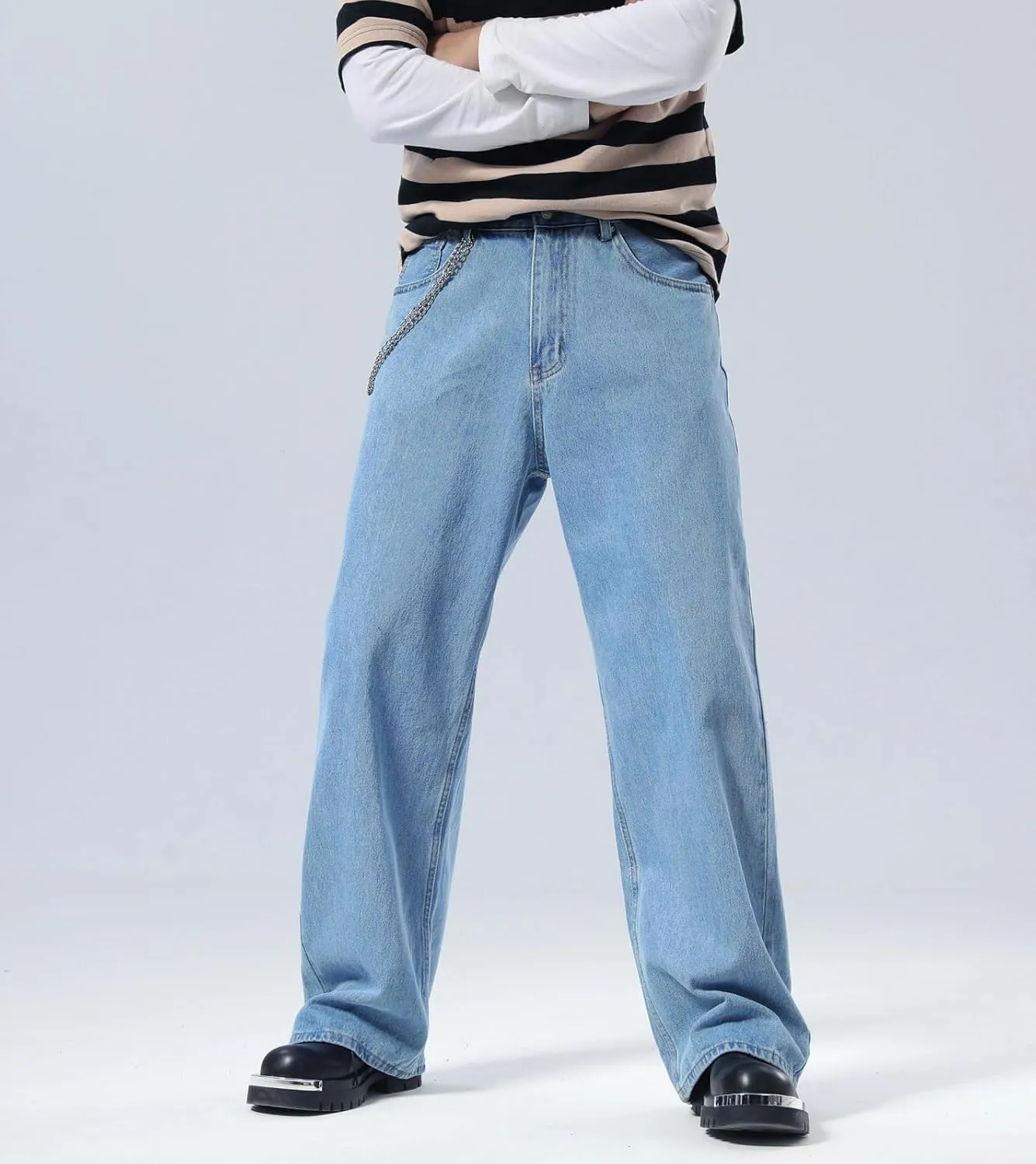 Plaid&Plain Men's Hip Hop Baggy Jeans Casual Wide Leg Y2k Skateboard Vintage Denim Pants Streetwear