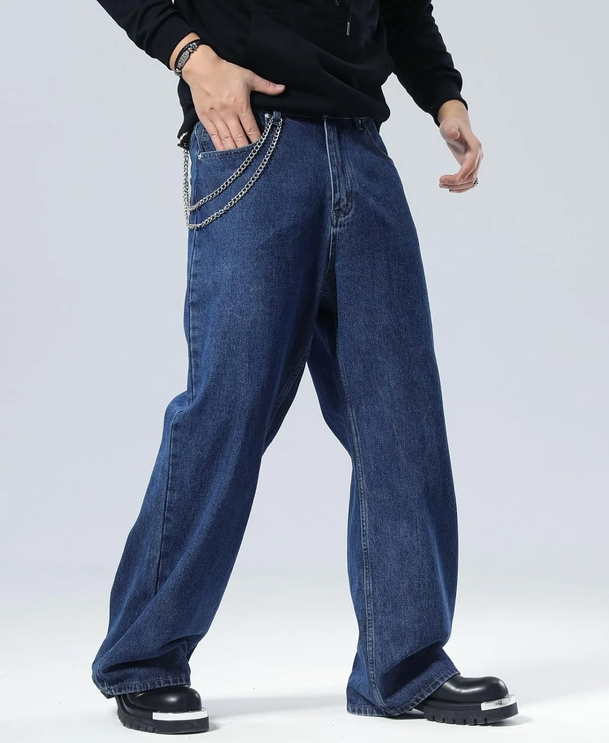 Plaid&Plain Men's Hip Hop Baggy Jeans Casual Wide Leg Y2k Skateboard Vintage Denim Pants Streetwear