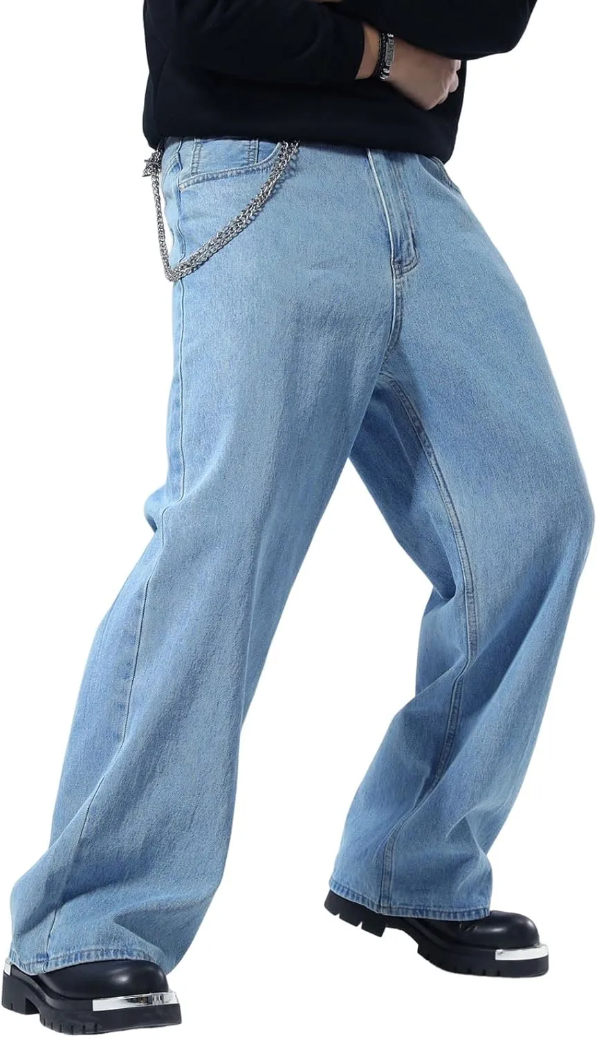 Plaid&Plain Men's Hip Hop Baggy Jeans Casual Wide Leg Y2k Skateboard Vintage Denim Pants Streetwear
