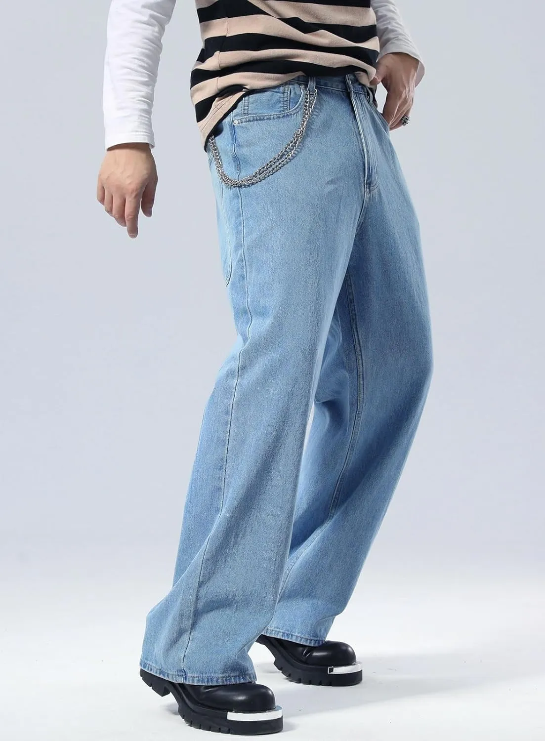 Plaid&Plain Men's Hip Hop Baggy Jeans Casual Wide Leg Y2k Skateboard Vintage Denim Pants Streetwear