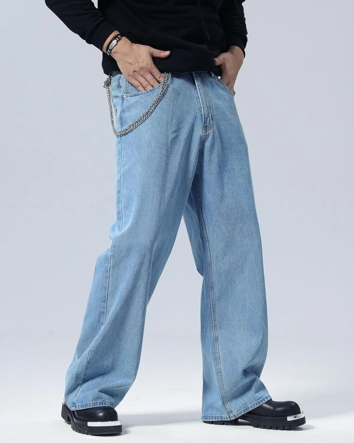 Plaid&Plain Men's Hip Hop Baggy Jeans Casual Wide Leg Y2k Skateboard Vintage Denim Pants Streetwear