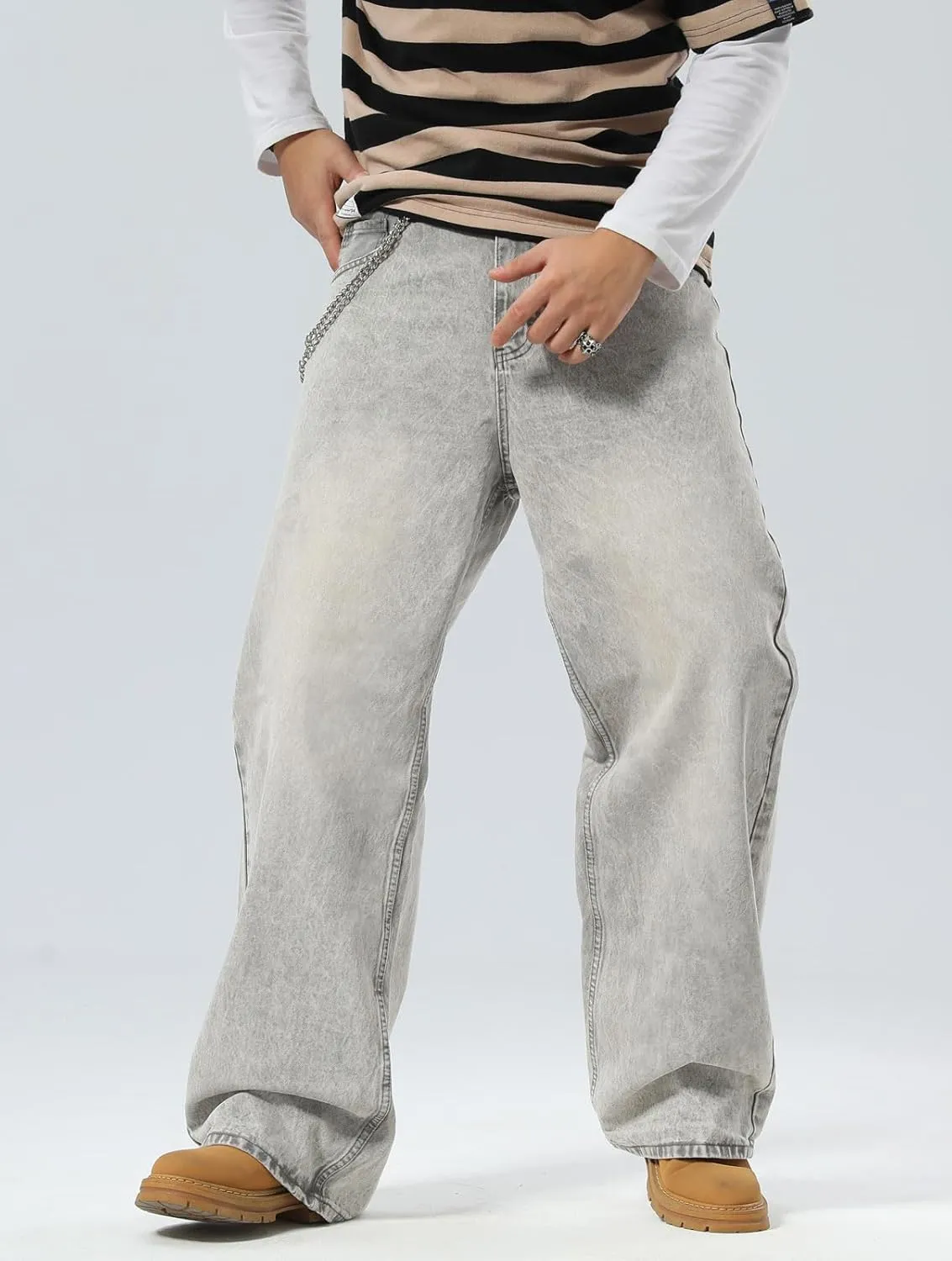 Plaid&Plain Men's Hip Hop Baggy Jeans Casual Wide Leg Y2k Skateboard Vintage Denim Pants Streetwear