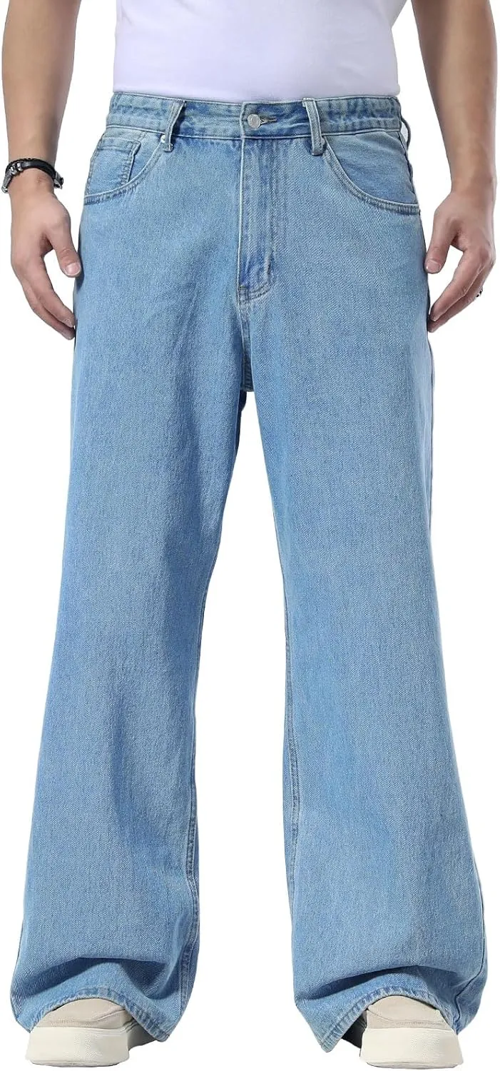 Plaid&Plain Men's Hip Hop Baggy Jeans Casual Wide Leg Y2k Skateboard Vintage Denim Pants Streetwear