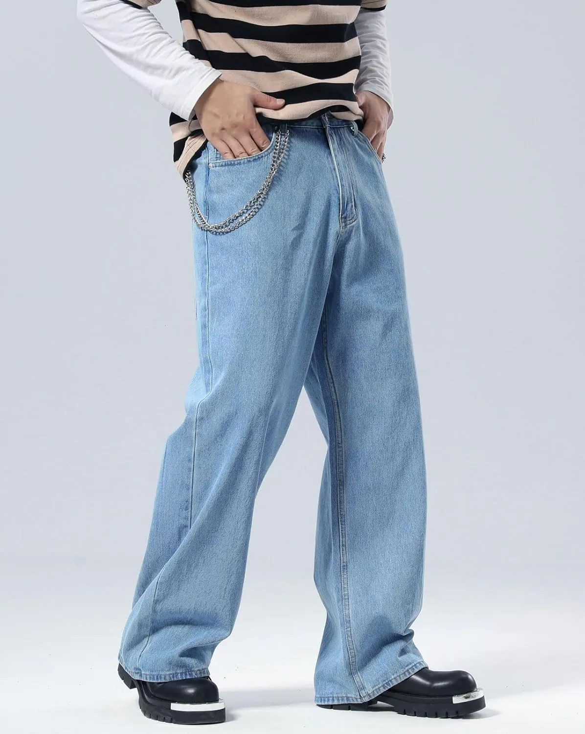 Plaid&Plain Men's Hip Hop Baggy Jeans Casual Wide Leg Y2k Skateboard Vintage Denim Pants Streetwear