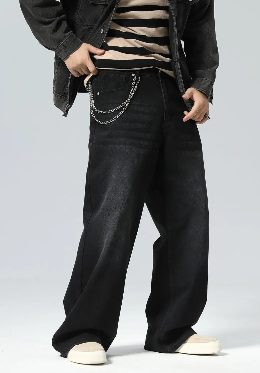 Plaid&Plain Men's Hip Hop Baggy Jeans Casual Wide Leg Y2k Skateboard Vintage Denim Pants Streetwear