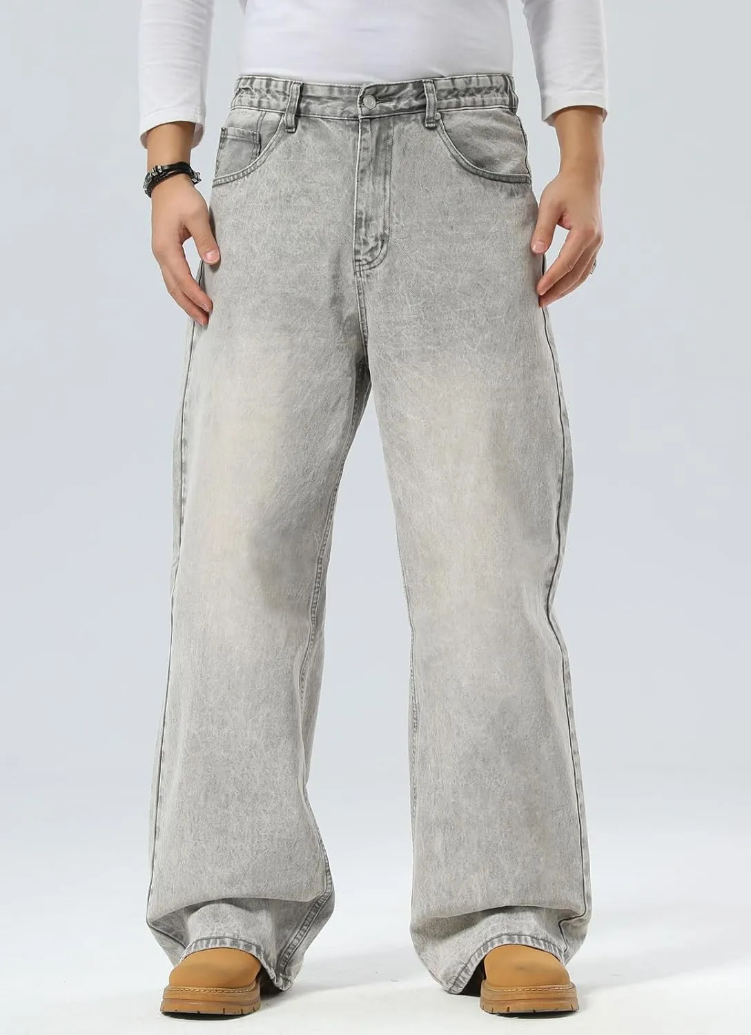 Plaid&Plain Men's Hip Hop Baggy Jeans Casual Wide Leg Y2k Skateboard Vintage Denim Pants Streetwear