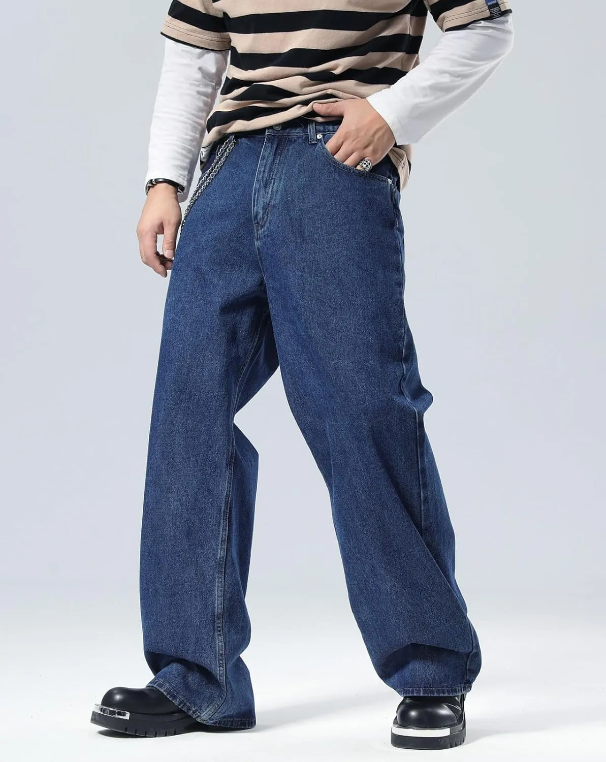 Plaid&Plain Men's Hip Hop Baggy Jeans Casual Wide Leg Y2k Skateboard Vintage Denim Pants Streetwear