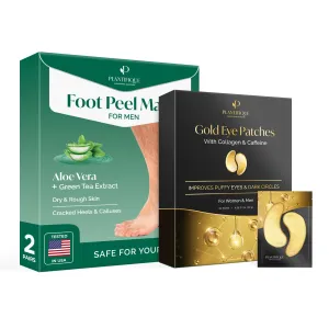 PLANTIFIQUE Foot Peeling Mask for Men 2 pack and Gold Under Eye Patches for Puffy Eyes and Dark Circles 20 Pairs