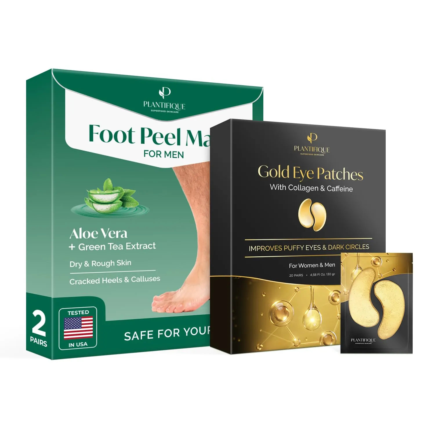 PLANTIFIQUE Foot Peeling Mask for Men 2 pack and Gold Under Eye Patches for Puffy Eyes and Dark Circles 20 Pairs