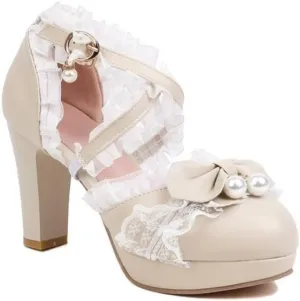 Platform Emo Shoes Heel Mary Janes Goth Women Girls Lace Ankle Strap Cute Bow Punk Leather Dressy Round Closed Toes Chunky Kawaii Lolita Shoes Y2K Retro Trendy Rave Outfit Preppy Cosplay Streetwear