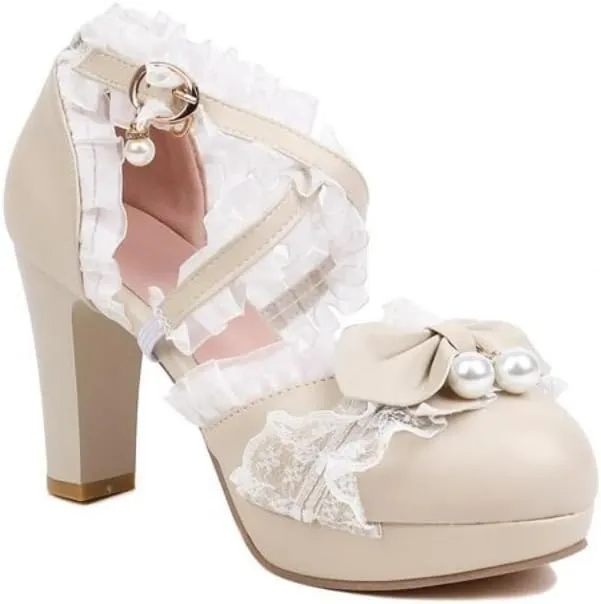 Platform Emo Shoes Heel Mary Janes Goth Women Girls Lace Ankle Strap Cute Bow Punk Leather Dressy Round Closed Toes Chunky Kawaii Lolita Shoes Y2K Retro Trendy Rave Outfit Preppy Cosplay Streetwear