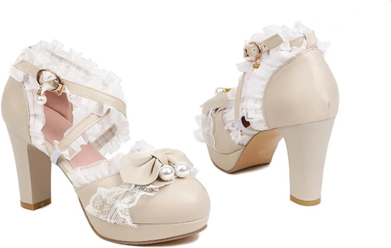 Platform Emo Shoes Heel Mary Janes Goth Women Girls Lace Ankle Strap Cute Bow Punk Leather Dressy Round Closed Toes Chunky Kawaii Lolita Shoes Y2K Retro Trendy Rave Outfit Preppy Cosplay Streetwear