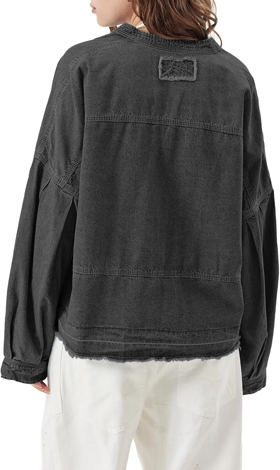 PLNOTME Womens Denim Tops Pullover Trendy Casual V Neck Loose Fit Puff Sleeve Jean Cotton Shirts