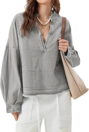 PLNOTME Womens Denim Tops Pullover Trendy Casual V Neck Loose Fit Puff Sleeve Jean Cotton Shirts
