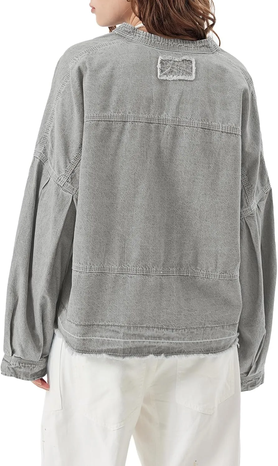PLNOTME Womens Denim Tops Pullover Trendy Casual V Neck Loose Fit Puff Sleeve Jean Cotton Shirts