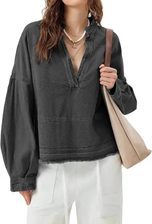 PLNOTME Womens Denim Tops Pullover Trendy Casual V Neck Loose Fit Puff Sleeve Jean Cotton Shirts
