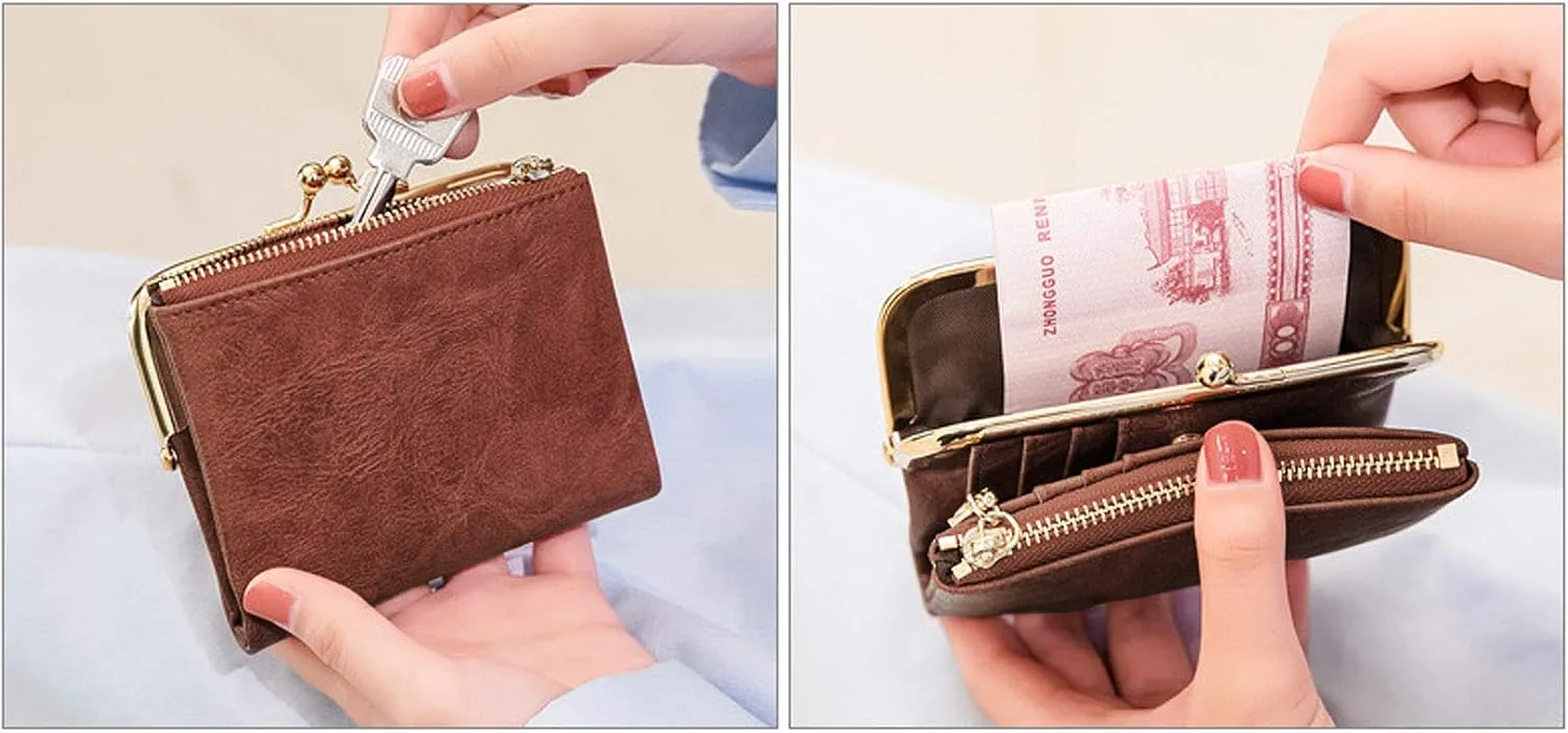 PofeeXIO Womens Wallet RFID Small Compact Bifold Leather Vintage Wallet,Ladies Coin Purse with Zipper and Kiss Lock