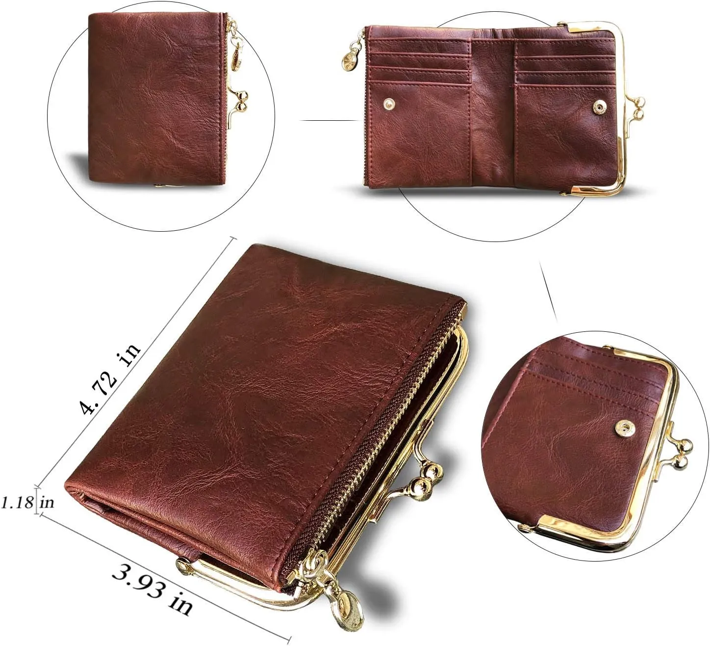 PofeeXIO Womens Wallet RFID Small Compact Bifold Leather Vintage Wallet,Ladies Coin Purse with Zipper and Kiss Lock