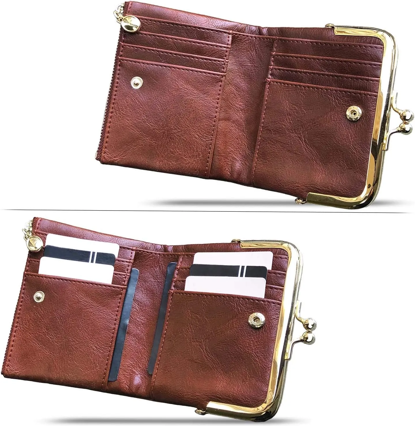 PofeeXIO Womens Wallet RFID Small Compact Bifold Leather Vintage Wallet,Ladies Coin Purse with Zipper and Kiss Lock