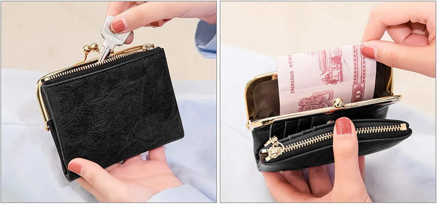 PofeeXIO Womens Wallet RFID Small Compact Bifold Leather Vintage Wallet,Ladies Coin Purse with Zipper and Kiss Lock
