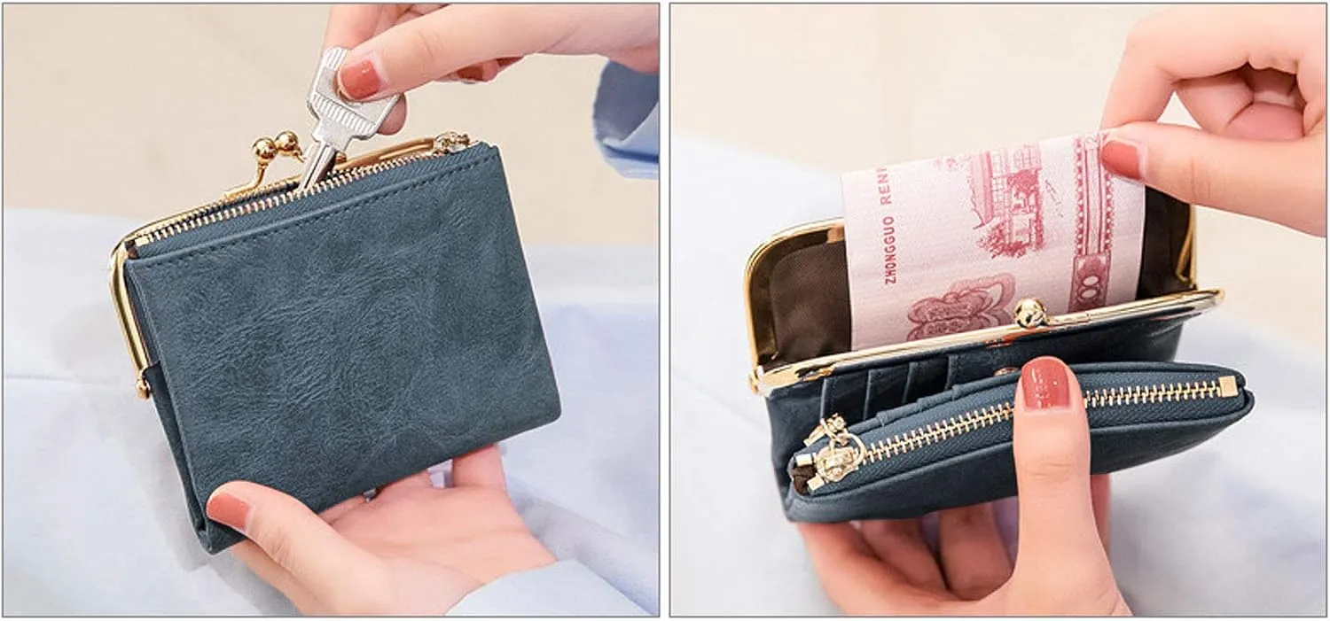PofeeXIO Womens Wallet RFID Small Compact Bifold Leather Vintage Wallet,Ladies Coin Purse with Zipper and Kiss Lock