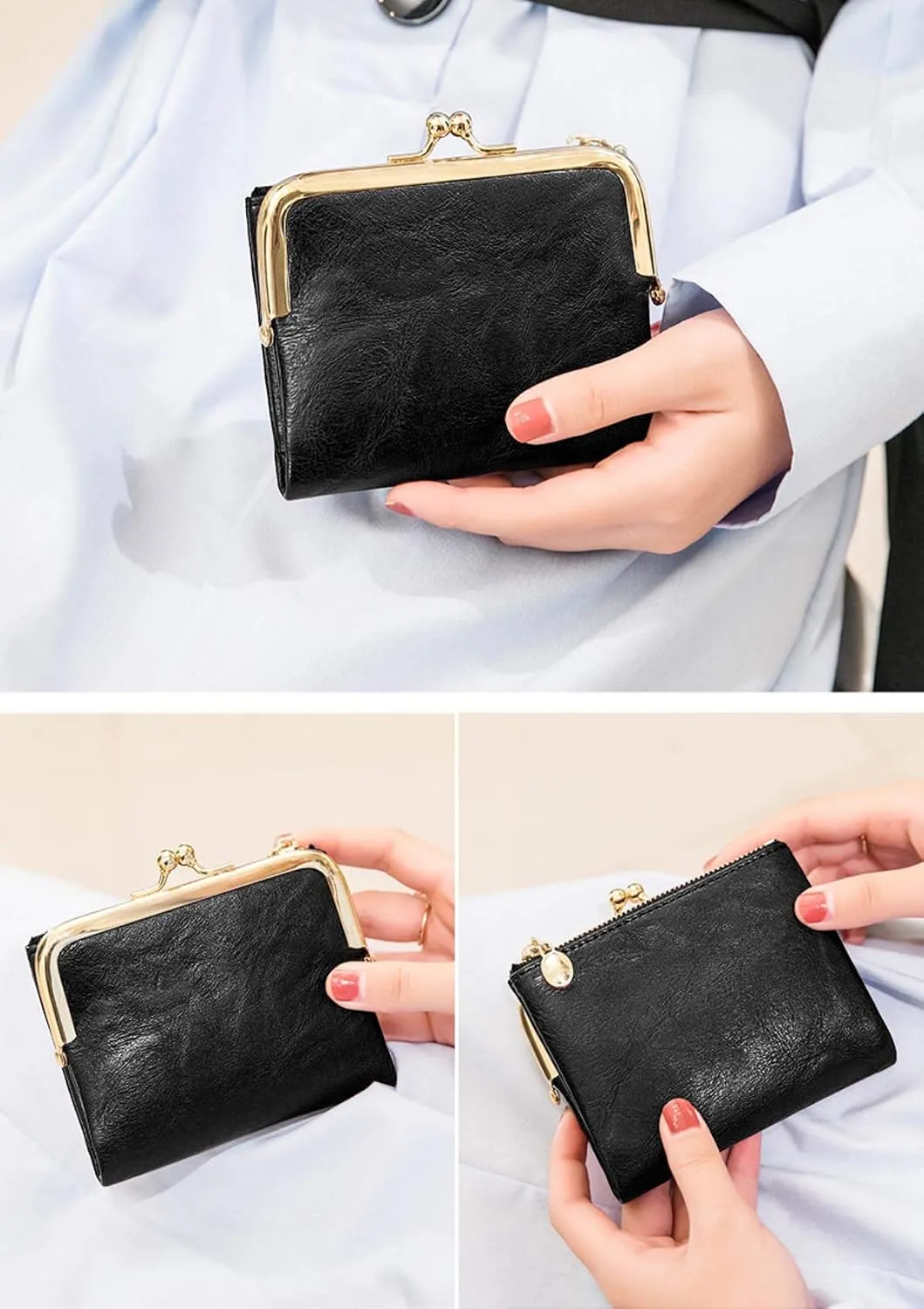PofeeXIO Womens Wallet RFID Small Compact Bifold Leather Vintage Wallet,Ladies Coin Purse with Zipper and Kiss Lock